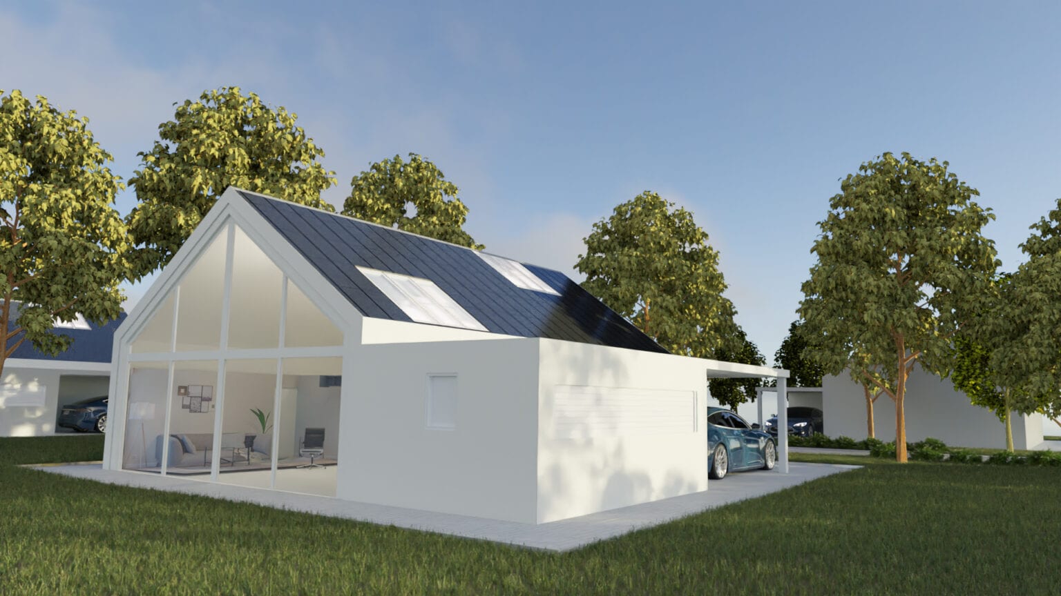Rendering Modellhaus Wohndorf21 inklusive Ennogie-Solardach