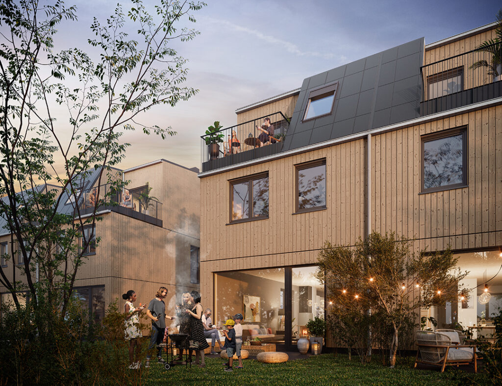 Das Ennogie-Solardach belegt in Berlin beim Kokoni One 64 Reihenhäuser: Nahaufnahme Rendering Abendstunden Haus mit Garten